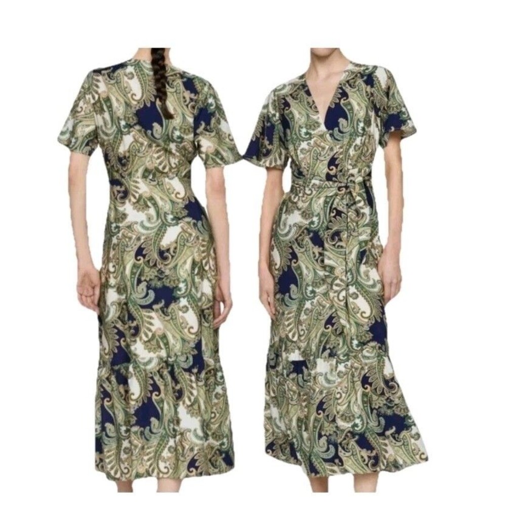 MANGO MNG Green/Navy Paisley wrap Dress Bow Tie Short Sleeve Midi Sz 6